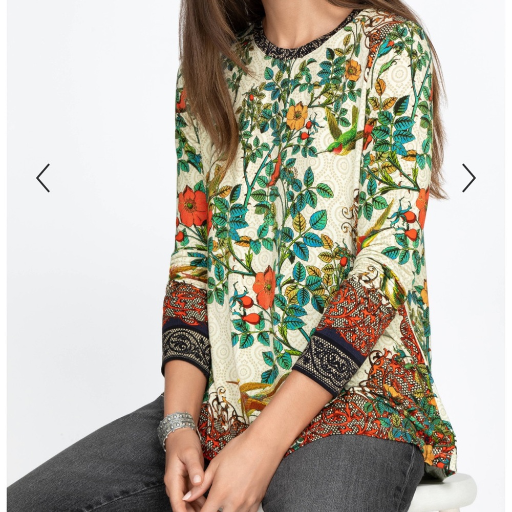 Johnny Was Cream and Green Graphic Tunic